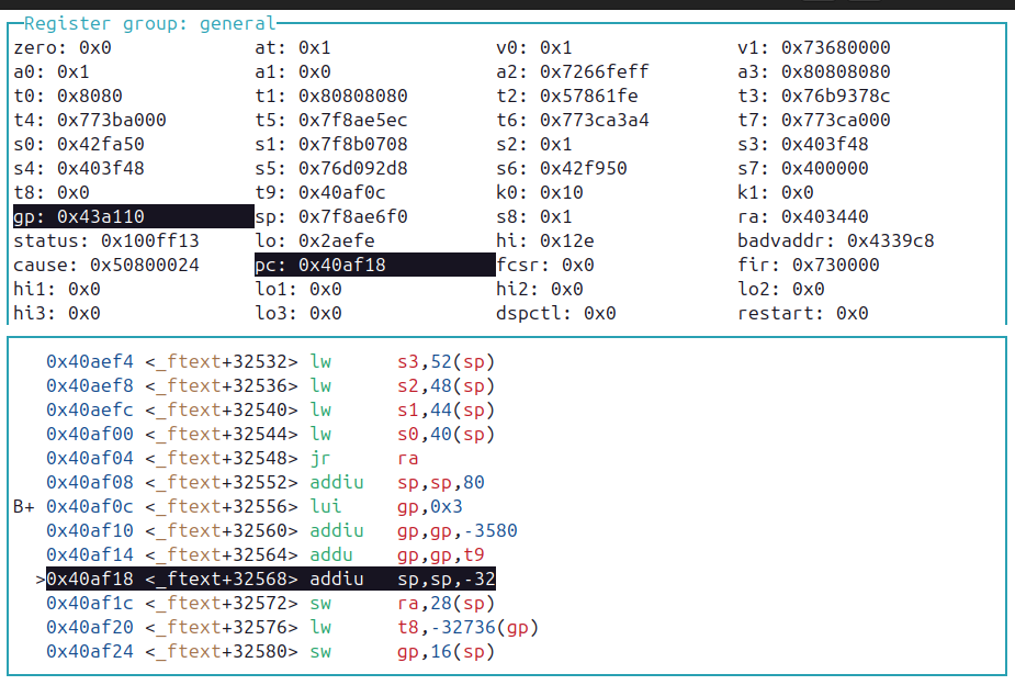 GDB TUI showing MIPS registers and disassembly after hitting a breakpoint